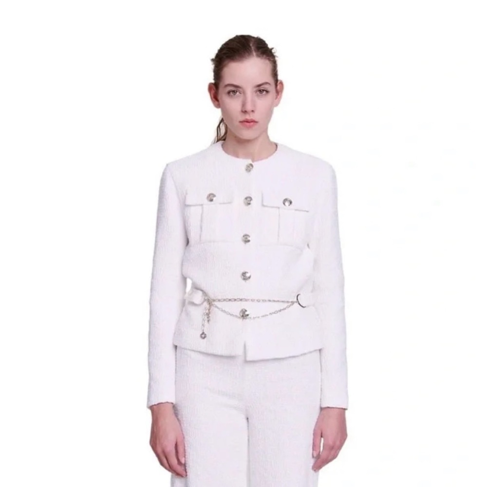 Maje Valasila Tweed Belted Jacket in Ecru